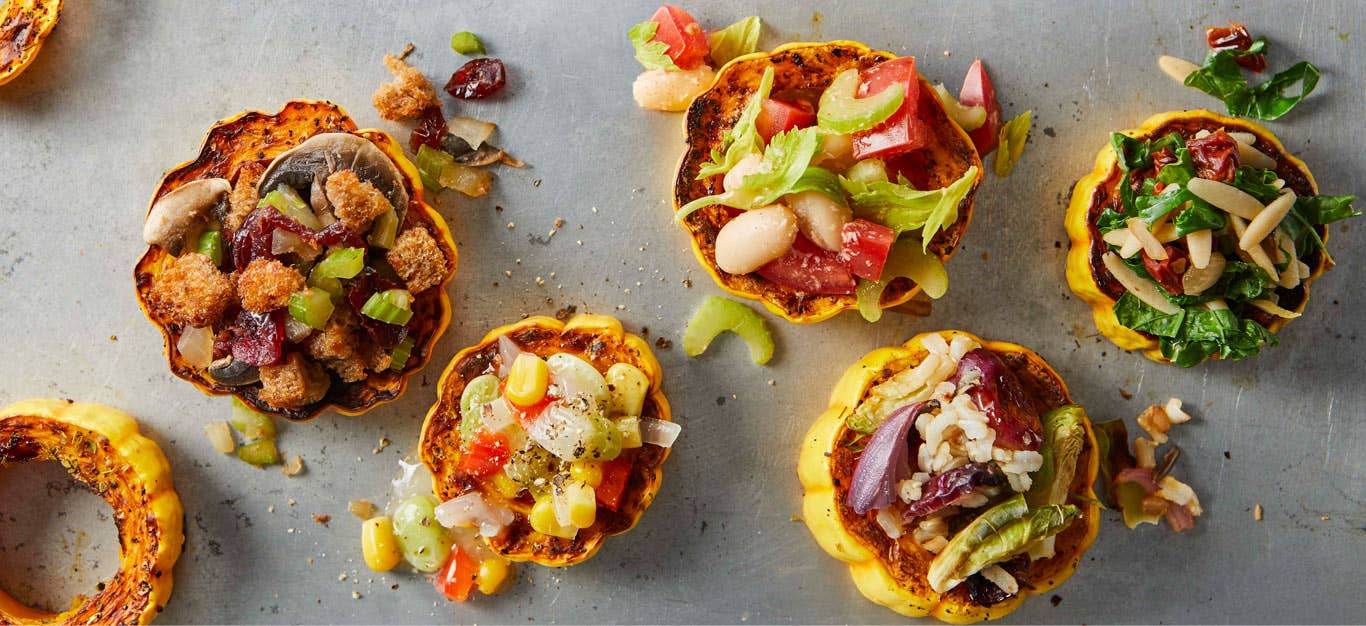 Roasted delicata squash rings with various toppings
