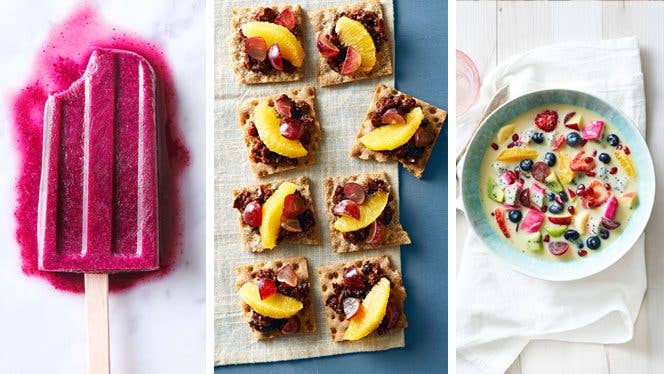 Photos of three different grape recipes: on the left, a popsicle, in the middle, grape and fig topping on crackers, and on the right, a chilled soy milk soup with grapes and other fruit