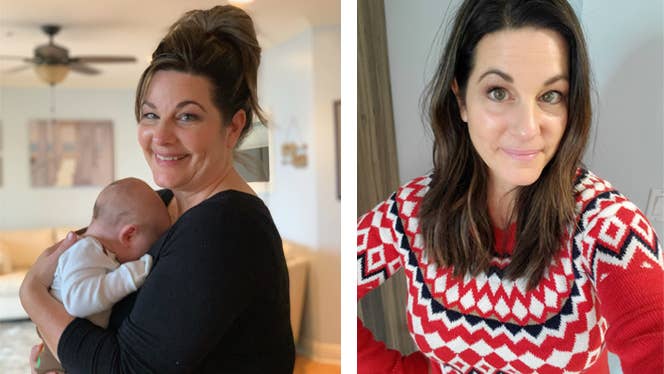 Two photos of Kim Jarchow, one before adopting a plant-based high-carb diet for diabetes and choleserol, and one after. In the before photo, she's smiling, wearing black, and holding an infant. In the after photo, she's wearing a red sweater and has lost more than 30 pounds