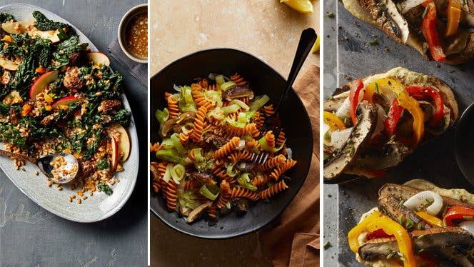 three mushroom recipes - salad, pasta, and toast