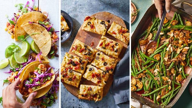 Three photos side by side showing three different onion recipes: charred cauliflower and onion tacos, onion focaccia, and a caramelized onion and green bean skillet