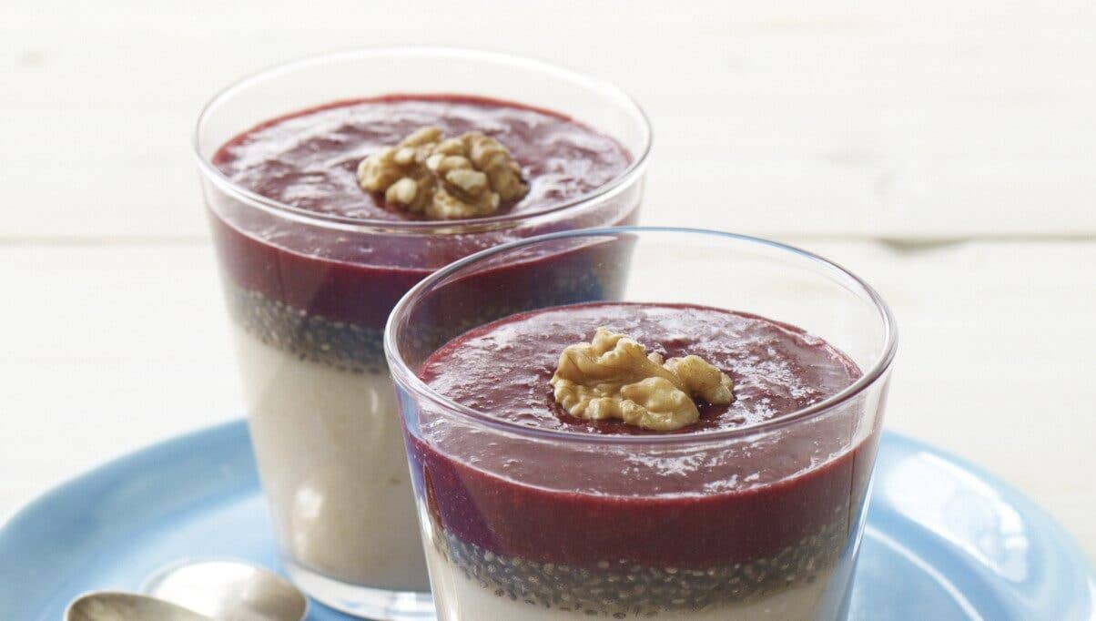 The layers of this vegan rice pudding recipe have a lovely effect when you taste it, with creamy pudding, crunchy chia seeds, and sweet-tart berry sauce.