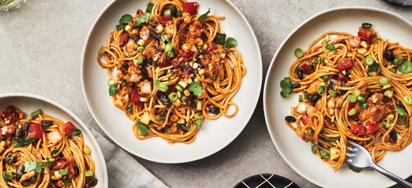 Southwest Spaghetti Casserole on white plates